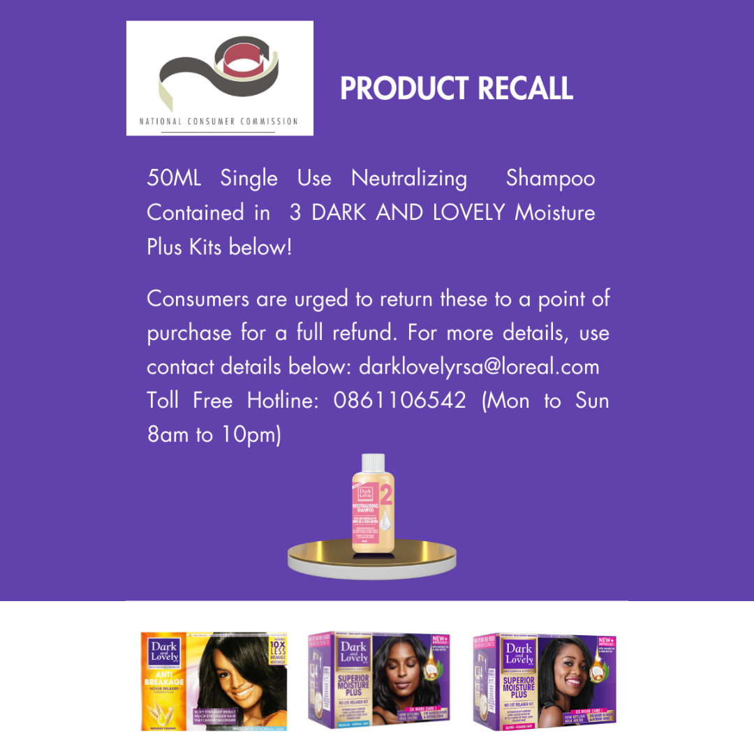 PRODUCT RECALL: 50ML SINGLE-USE NEUTRALIZING SHAMPOO CONTAINED IN DARK AND LOVELY MOISTURE-PLUS KITS